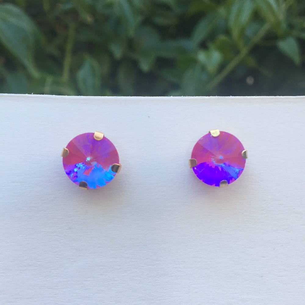 Fuchsia Hot Pink Aurora Borealis + Gold Rivoli Crystal Earrings - Picture 13 of 13